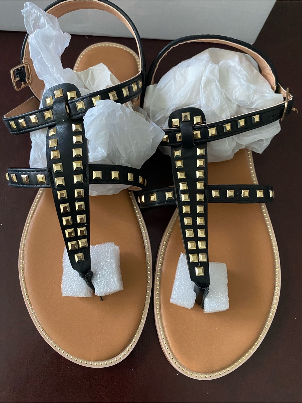 Olivia Miller Black Studded T-Strap Sandals with Gold Accents
